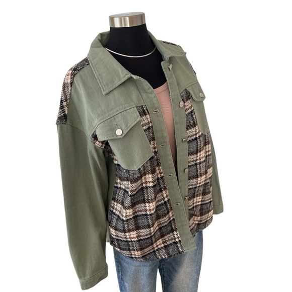 Green and plaid button down 100% cotton lightweight chore coat M - Picture 2 of 14